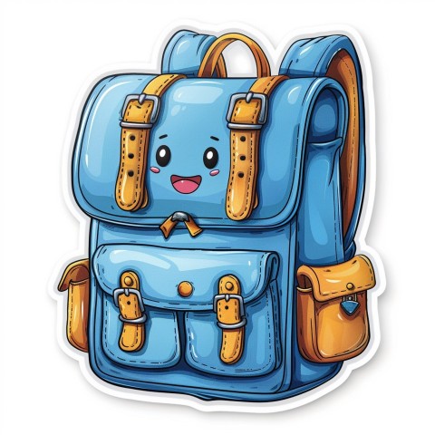 Cute Kawaii Stickers Bright Blue Backpack with Smiling Zippers and Winking Pockets on White Background (90)