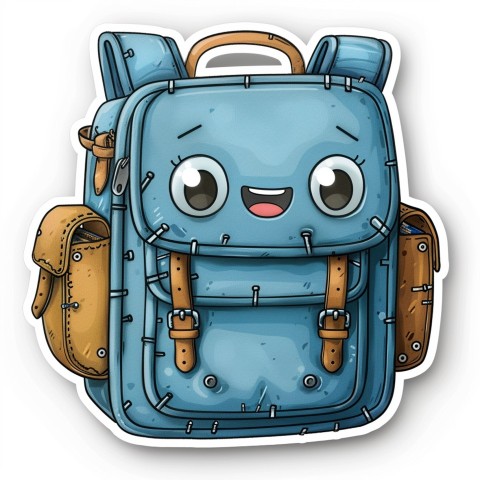 Cute Kawaii Stickers Bright Blue Backpack with Smiling Zippers and Winking Pockets on White Background (91)