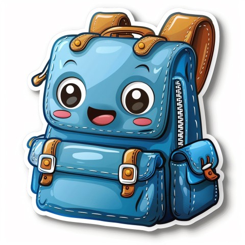 Cute Kawaii Stickers Bright Blue Backpack with Smiling Zippers and Winking Pockets on White Background (83)