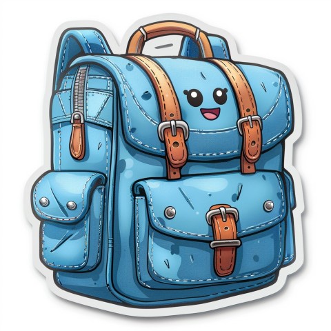 Cute Kawaii Stickers Bright Blue Backpack with Smiling Zippers and Winking Pockets on White Background (93)