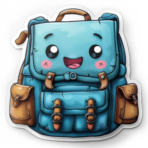 Cute Kawaii Stickers Bright Blue Backpack with Smiling Zippers and Winking Pockets on White Background (97)