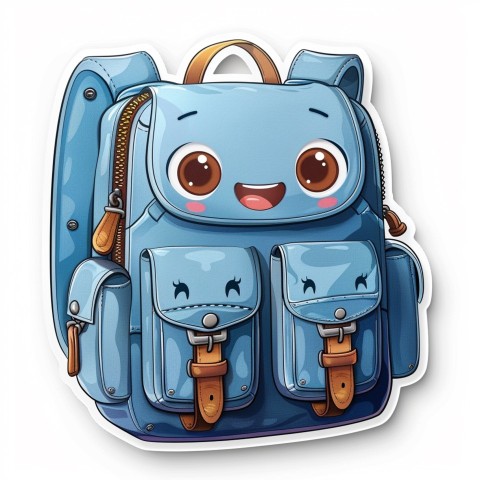 Cute Kawaii Stickers Bright Blue Backpack with Smiling Zippers and Winking Pockets on White Background (109)