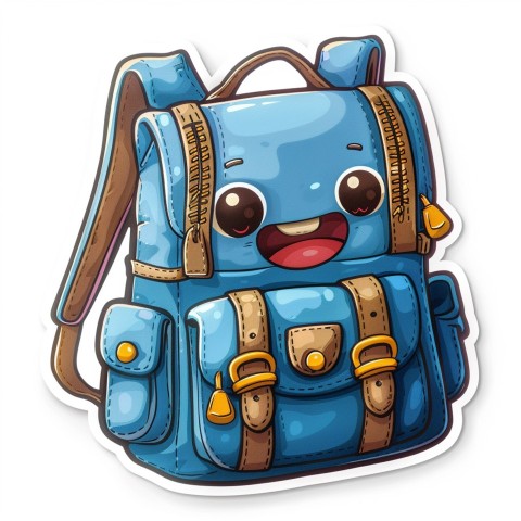 Cute Kawaii Stickers Bright Blue Backpack with Smiling Zippers and Winking Pockets on White Background (111)