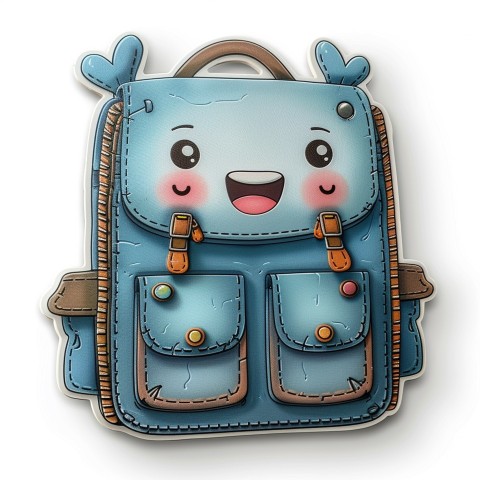 Cute Kawaii Stickers Bright Blue Backpack with Smiling Zippers and Winking Pockets on White Background (114)