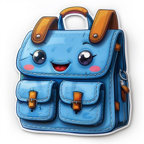 Cute Kawaii Stickers Bright Blue Backpack with Smiling Zippers and Winking Pockets on White Background (103)