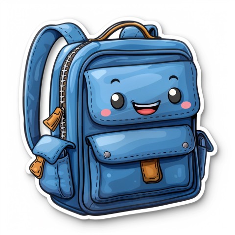 Cute Kawaii Stickers Bright Blue Backpack with Smiling Zippers and Winking Pockets on White Background (130)