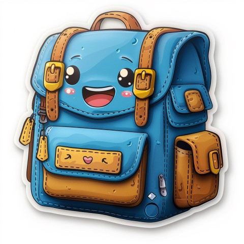 Cute Kawaii Stickers Bright Blue Backpack with Smiling Zippers and Winking Pockets on White Background (134)