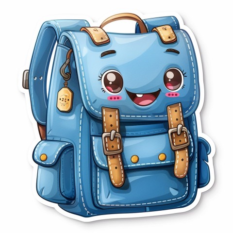 Cute Kawaii Stickers Bright Blue Backpack with Smiling Zippers and Winking Pockets on White Background (121)