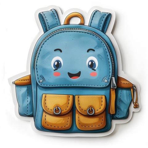 Cute Kawaii Stickers Bright Blue Backpack with Smiling Zippers and Winking Pockets on White Background (123)