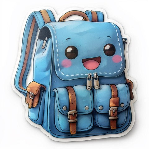 Cute Kawaii Stickers Bright Blue Backpack with Smiling Zippers and Winking Pockets on White Background (135)