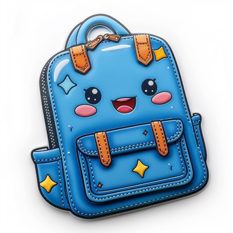 Cute Kawaii Stickers Bright Blue Backpack with Smiling Zippers and Winking Pockets on White Background (127)