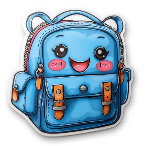 Cute Kawaii Stickers Bright Blue Backpack with Smiling Zippers and Winking Pockets on White Background (138)