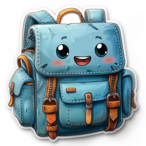 Cute Kawaii Stickers Bright Blue Backpack with Smiling Zippers and Winking Pockets on White Background (137)