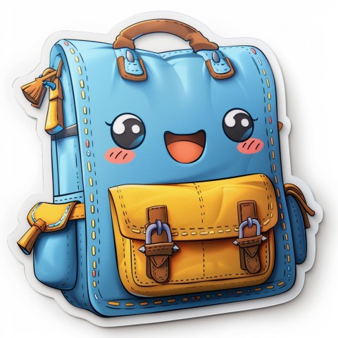 Cute Kawaii Stickers Bright Blue Backpack with Smiling Zippers and Winking Pockets on White Background (139)