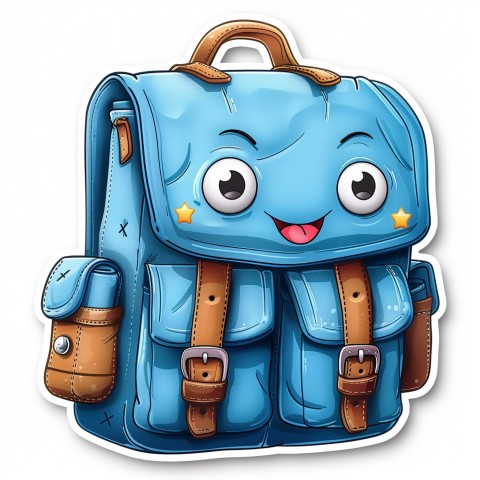 Cute Kawaii Stickers Bright Blue Backpack with Smiling Zippers and Winking Pockets on White Background (125)