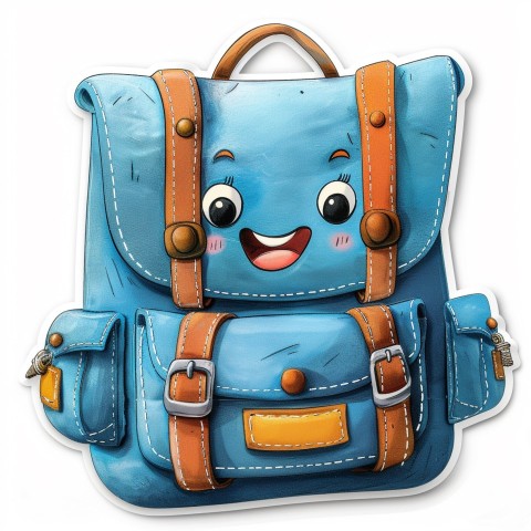 Cute Kawaii Stickers Bright Blue Backpack with Smiling Zippers and Winking Pockets on White Background (136)