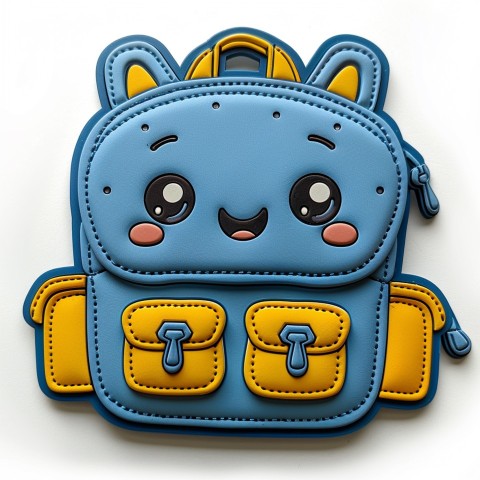 Cute Kawaii Stickers Bright Blue Backpack with Smiling Zippers and Winking Pockets on White Background (124)