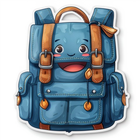 Cute Kawaii Stickers Bright Blue Backpack with Smiling Zippers and Winking Pockets on White Background (146)