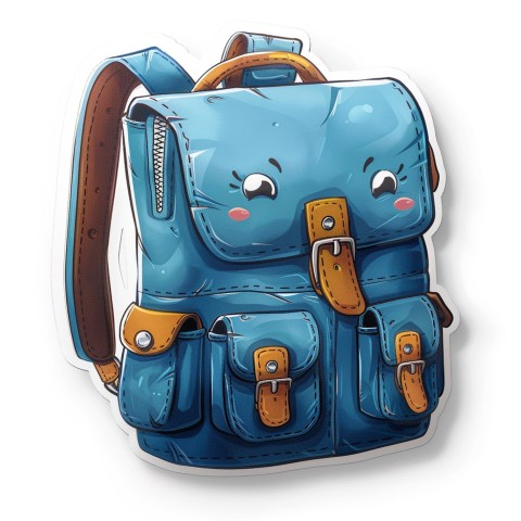 Cute Kawaii Stickers Bright Blue Backpack with Smiling Zippers and Winking Pockets on White Background (144)