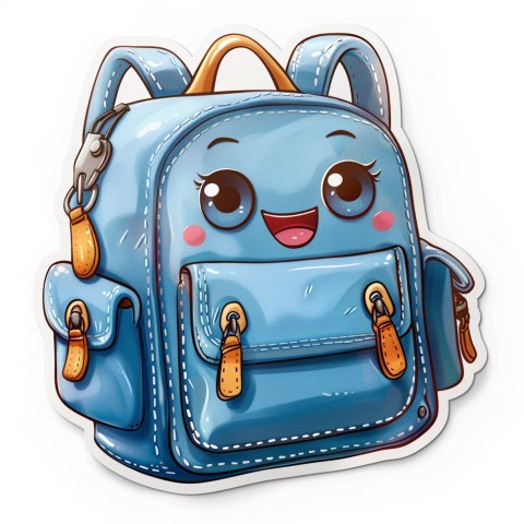 Cute Kawaii Stickers Bright Blue Backpack with Smiling Zippers and Winking Pockets on White Background (147)