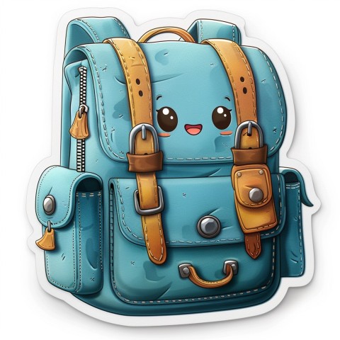 Cute Kawaii Stickers Bright Blue Backpack with Smiling Zippers and Winking Pockets on White Background (153)