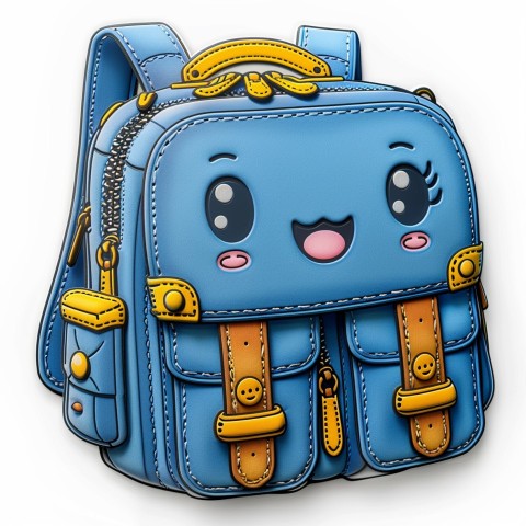 Cute Kawaii Stickers Bright Blue Backpack with Smiling Zippers and Winking Pockets on White Background (143)