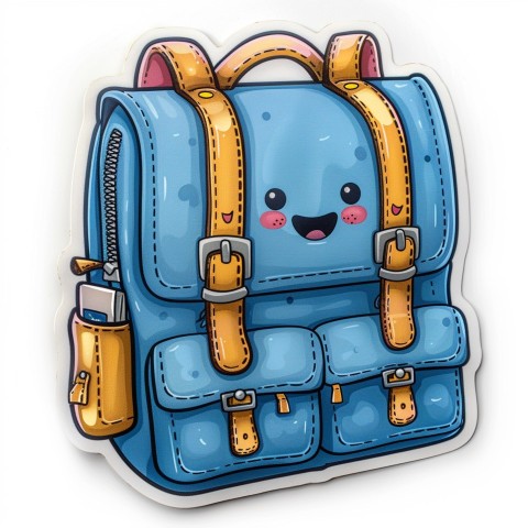 Cute Kawaii Stickers Bright Blue Backpack with Smiling Zippers and Winking Pockets on White Background (142)