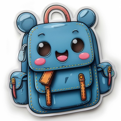 Cute Kawaii Stickers Bright Blue Backpack with Smiling Zippers and Winking Pockets on White Background (152)