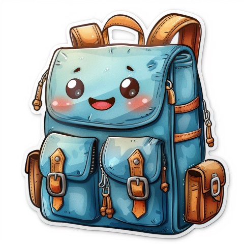 Cute Kawaii Stickers Bright Blue Backpack with Smiling Zippers and Winking Pockets on White Background (145)