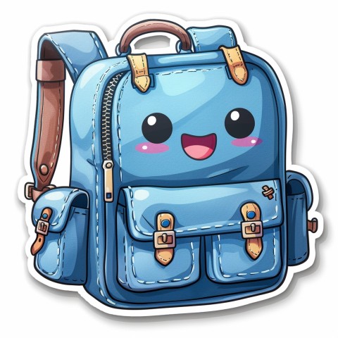 Cute Kawaii Stickers Bright Blue Backpack with Smiling Zippers and Winking Pockets on White Background (157)