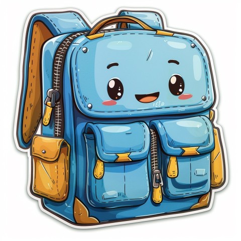 Cute Kawaii Stickers Bright Blue Backpack with Smiling Zippers and Winking Pockets on White Background (148)