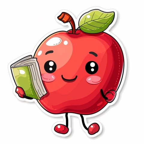 Cute Kawaii Stickers Cheerful Red Apple with Book on White Background (10)