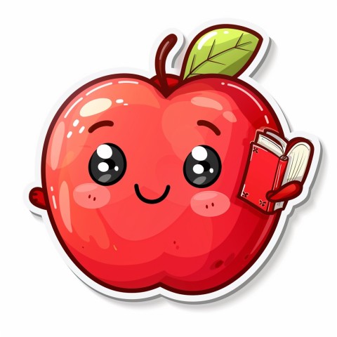 Cute Kawaii Stickers Cheerful Red Apple with Book on White Background (2)