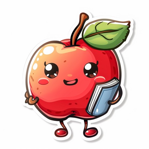 Cute Kawaii Stickers Cheerful Red Apple with Book on White Background (9)