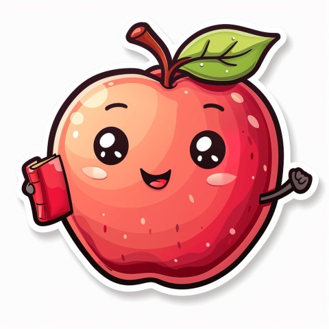 Cute Kawaii Stickers Cheerful Red Apple with Book on White Background (6)