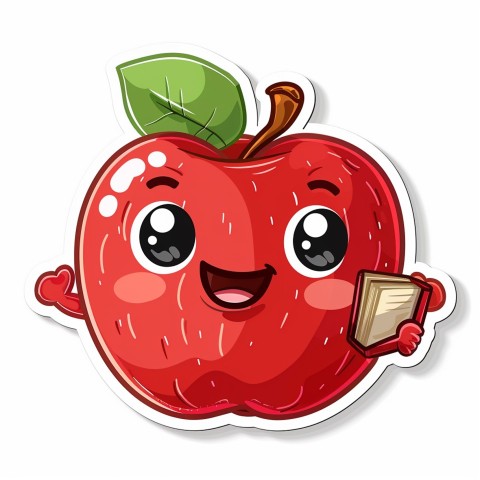 Cute Kawaii Stickers Cheerful Red Apple with Book on White Background (14)