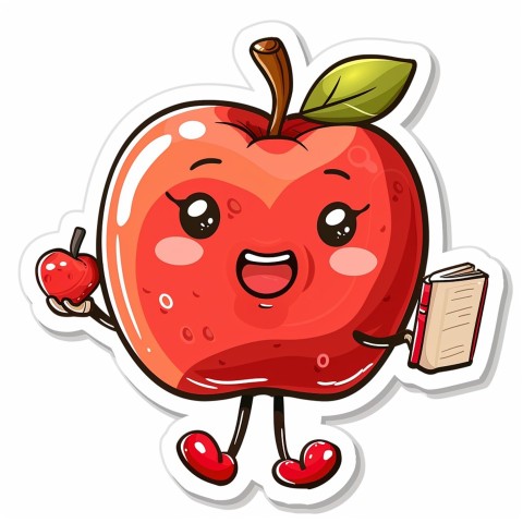 Cute Kawaii Stickers Cheerful Red Apple with Book on White Background (7)