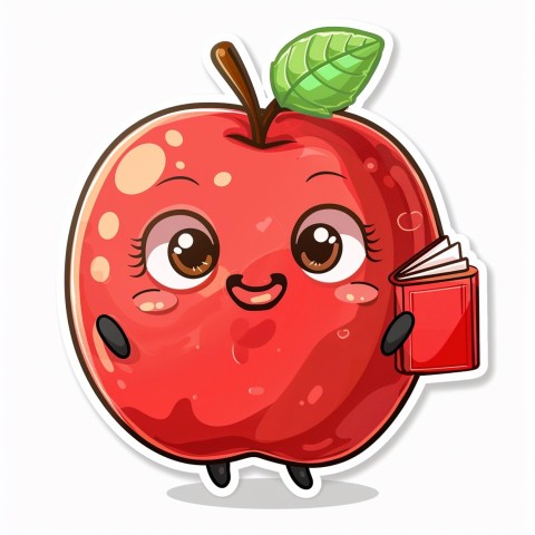 Cute Kawaii Stickers Cheerful Red Apple with Book on White Background (11)