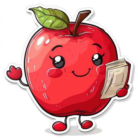 Cute Kawaii Stickers Cheerful Red Apple with Book on White Background (1)