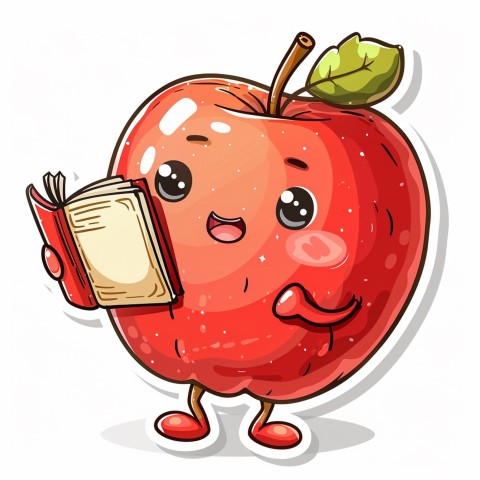 Cute Kawaii Stickers Cheerful Red Apple with Book on White Background (20)