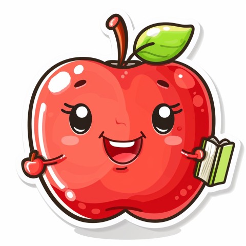 Cute Kawaii Stickers Cheerful Red Apple with Book on White Background (25)