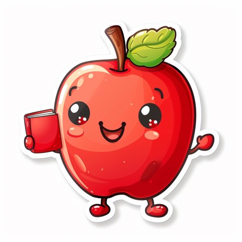 Cute Kawaii Stickers Cheerful Red Apple with Book on White Background (30)