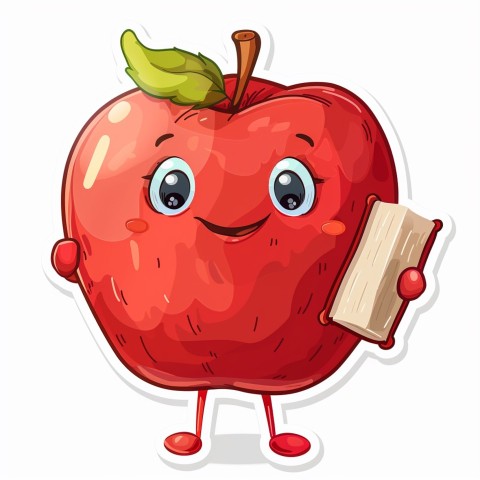 Cute Kawaii Stickers Cheerful Red Apple with Book on White Background (24)