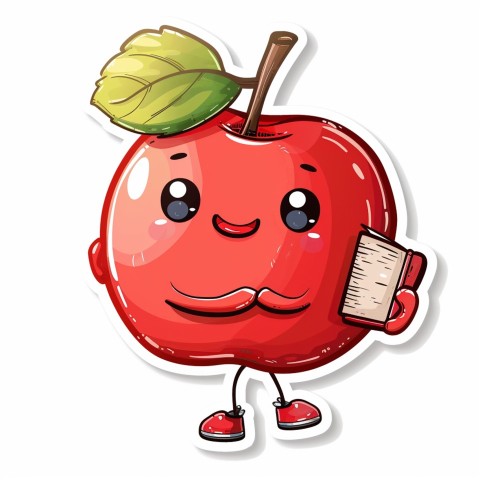 Cute Kawaii Stickers Cheerful Red Apple with Book on White Background (40)