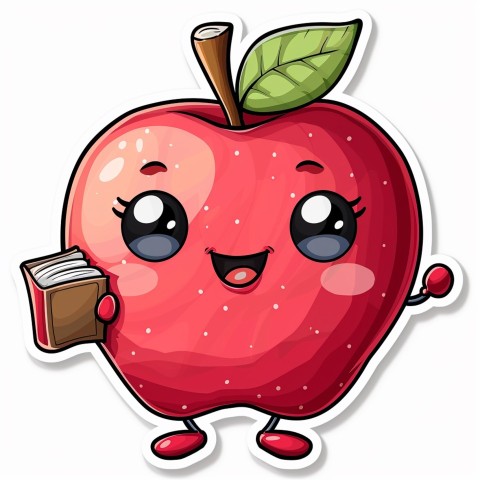 Cute Kawaii Stickers Cheerful Red Apple with Book on White Background (28)