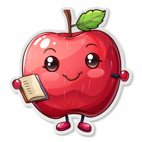 Cute Kawaii Stickers Cheerful Red Apple with Book on White Background (35)