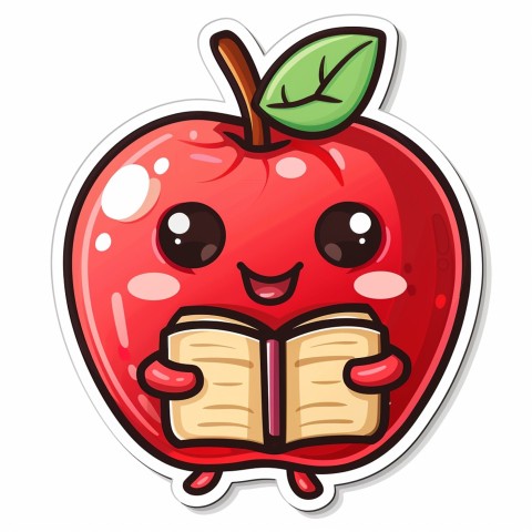 Cute Kawaii Stickers Cheerful Red Apple with Book on White Background (22)