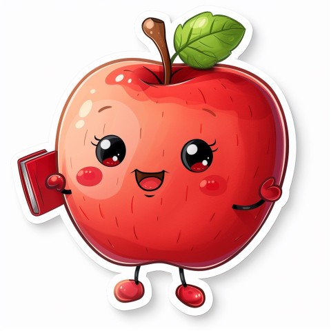 Cute Kawaii Stickers Cheerful Red Apple with Book on White Background (23)