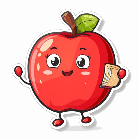 Cute Kawaii Stickers Cheerful Red Apple with Book on White Background (41)