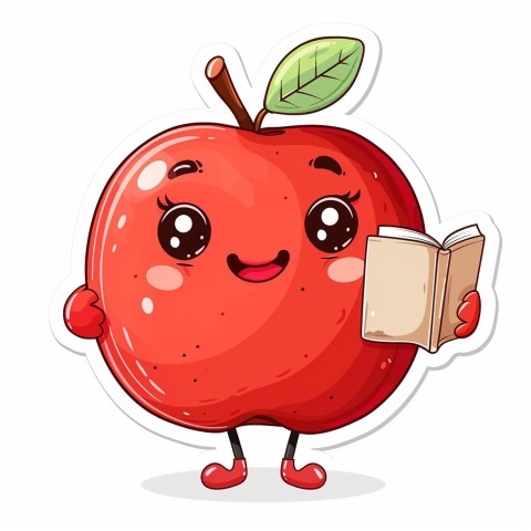 Cute Kawaii Stickers Cheerful Red Apple with Book on White Background (48)